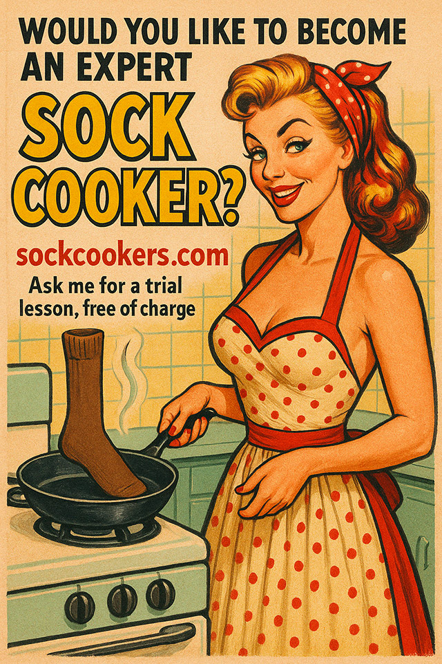 Retro-style woman in a red polka dot dress cooking a sock in a frying pan, advertising SockCookers.com and free trial lessons to become an expert sock cooker.